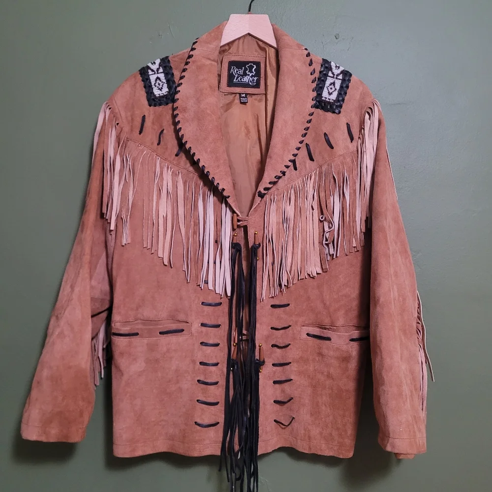 Vintage Real Leather Fringe Western Jacket Beaded Detail Size Medium - Picture 1 of 5